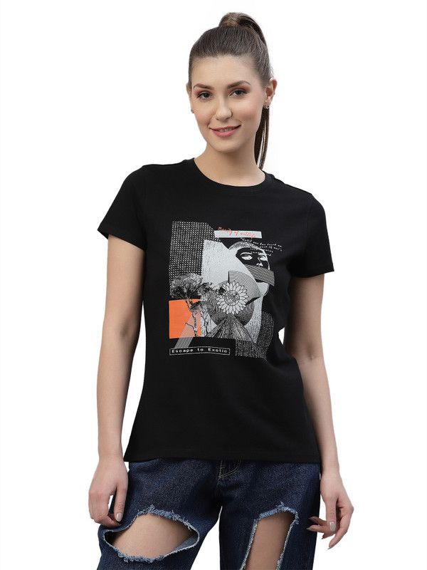 Women Graphic Print Crew Neck Pure Cotton Black T-Shirt
