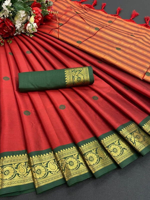 Self Design Assam Silk Pure Cotton Saree  (Red)