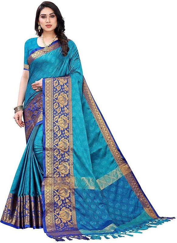 Printed Bollywood Cotton Silk Saree  (Light Blue)
