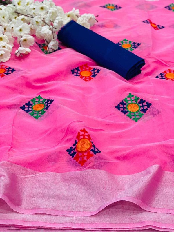 Daily Wear Silk Blend Saree  (Pink)