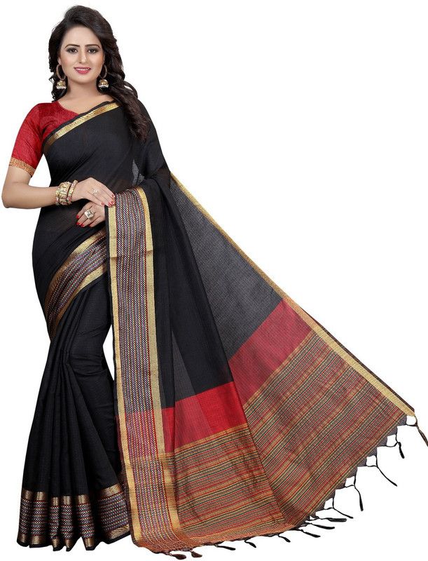 Solid/Plain Bollywood Cotton Silk Saree  (Black)