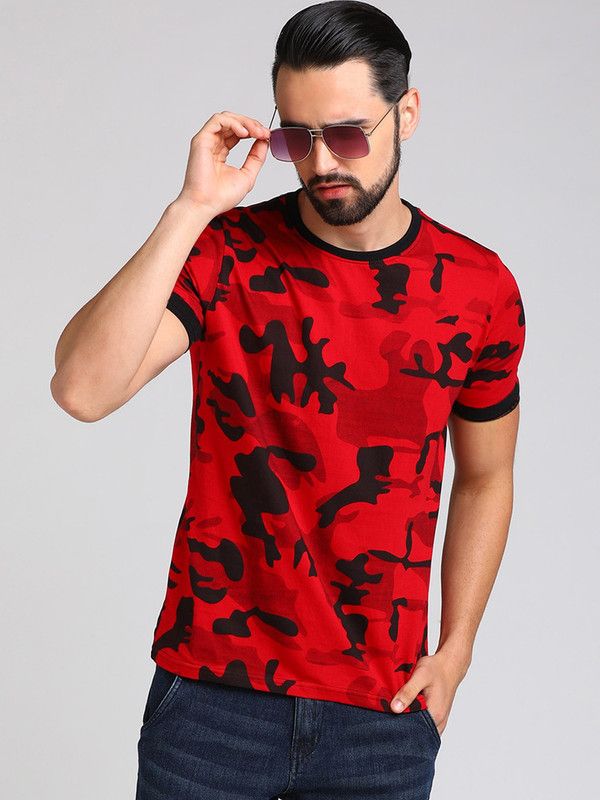 Men Military Camouflage Round Neck Pure Cotton Red, Black T-Shirt