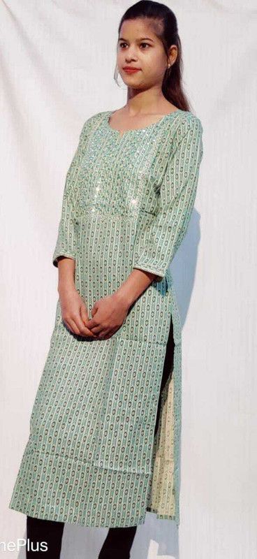 Women Floral Print Pure Cotton Straight Kurta  (Green)