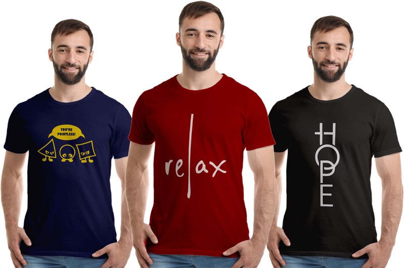 Pack of 3 Men Graphic Print Round Neck Pure Cotton Dark Blue, Maroon, Black T-Shirt