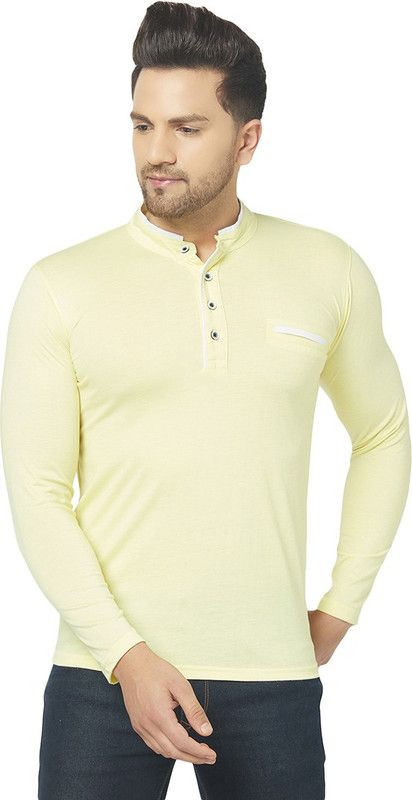 Men Solid Henley Neck Cotton Blend Yellow T-Shirt