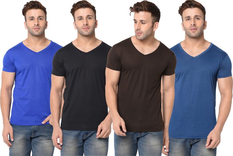 Pack of 4 Men Solid V Neck Cotton Blend Blue, Brown, Black T-Shirt