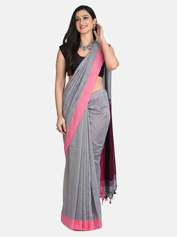 Solid/Plain Handloom Viscose Rayon, Pure Cotton Saree  (Grey)