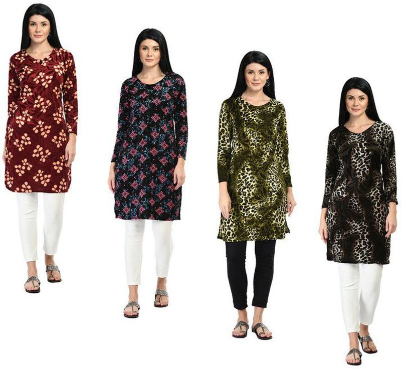 Pack of 4 Women Floral Print Velvet Straight Kurta  (Dark Green, Green, Maroon)