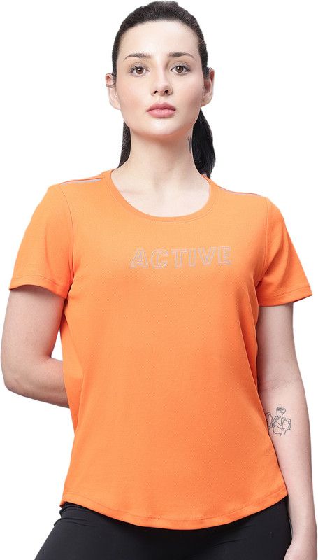 Women Printed Round Neck Polyester Orange T-Shirt