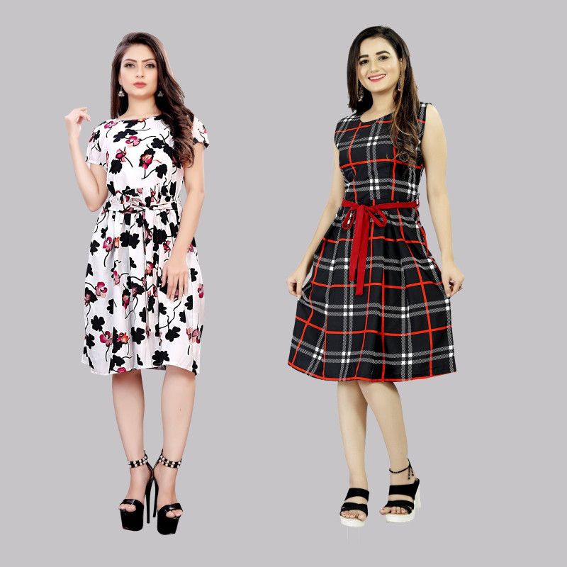 Women Fit and Flare White, Red, Black Dress