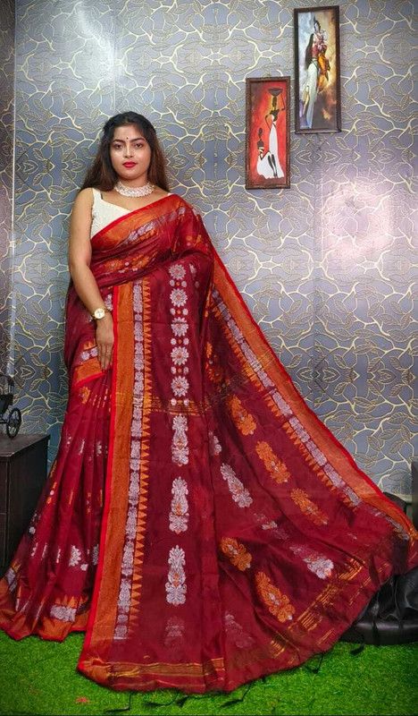 Woven Handloom Cotton Silk Saree  (Maroon)