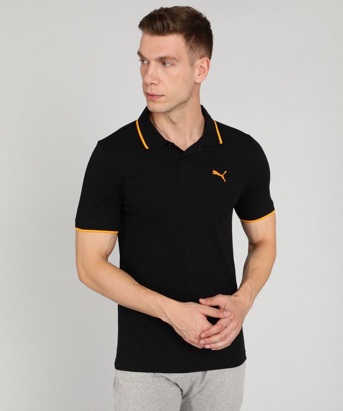 Collar Tipping Polo Men Solid Polo Neck Cotton Blend Black T-Shirt