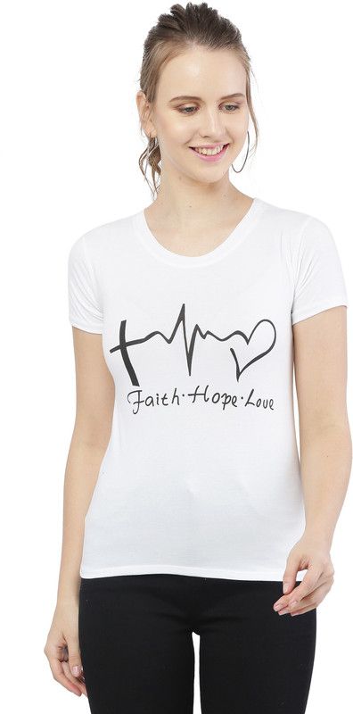 KF010 Women Printed Round Neck Cotton Blend White T-Shirt