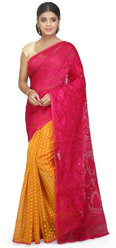 Woven Jamdani Cotton Silk Saree  (Pink, Yellow)