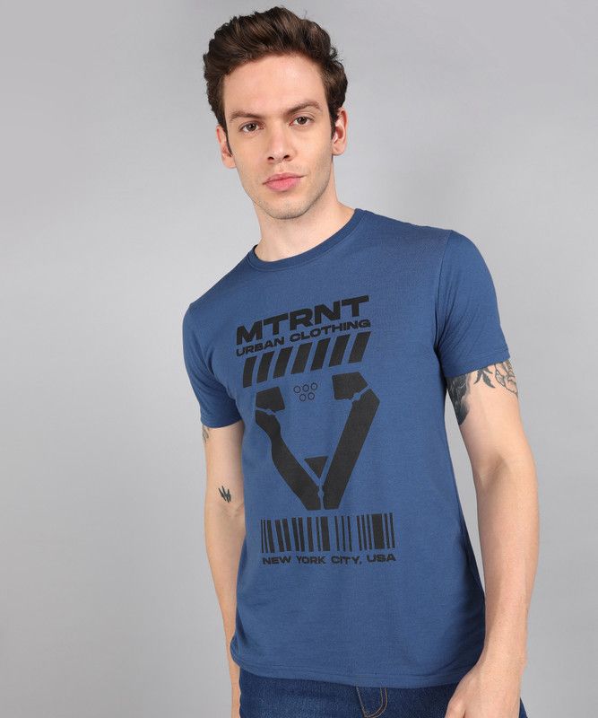 Graphic Print Men Round Neck Cotton Blend Blue T-Shirt
