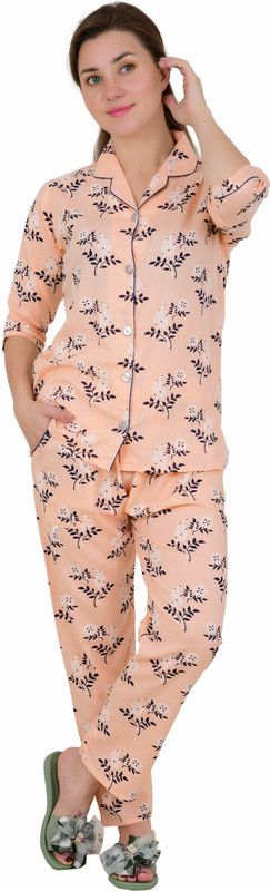 Women Shirt & Pyjama set Beige Polka Print