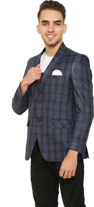 Men Checkered Double Breasted Casual Blazer  (Grey, Dark Blue)