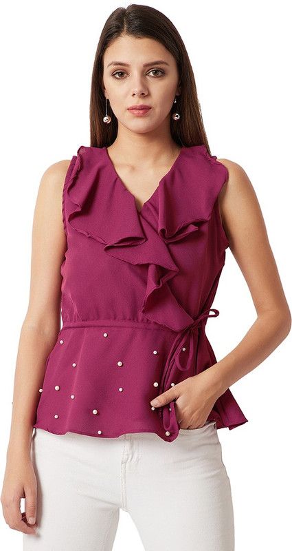Casual Sleeveless Embellished Women Purple Top