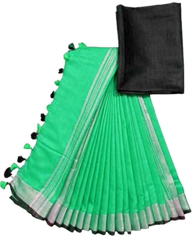 Solid/Plain Bhagalpuri Handloom Cotton Linen Saree  (Light Green)