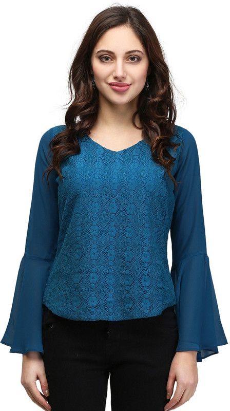 Party Bell Sleeves Self Design Women Blue Top