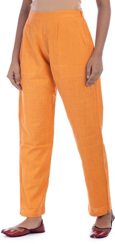 Women Slim Fit Orange Pure Cotton Trousers