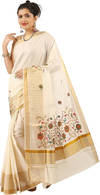 Self Design, Embroidered Kasavu Cotton Blend Saree  (Cream)