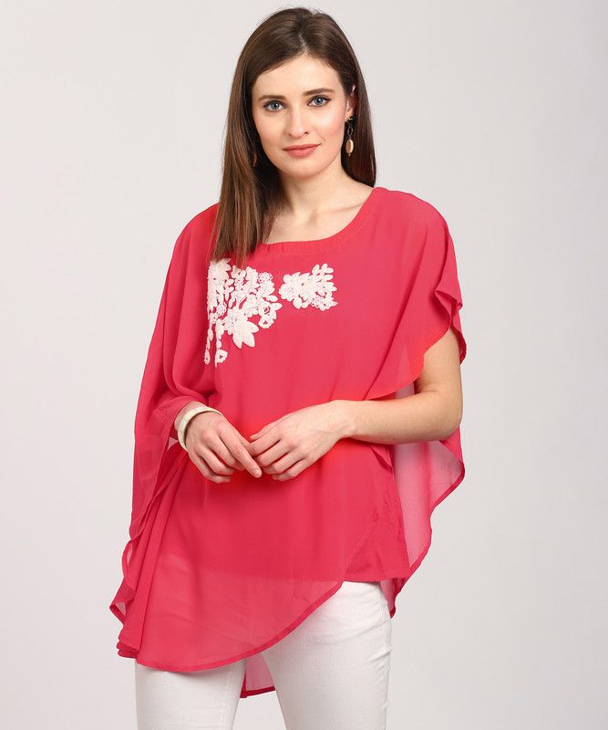 Casual Flutter Sleeves Embellished Women Red Top