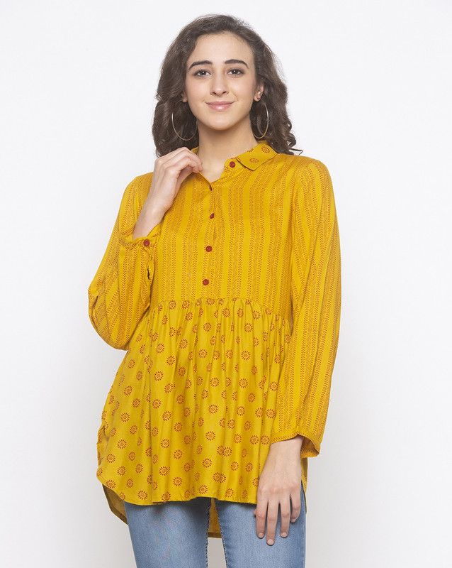 Casual Regular Sleeves Printed, Striped Women Yellow Top