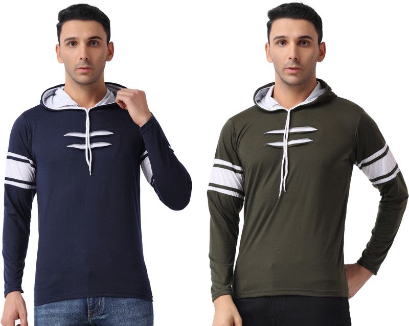 Pack of 2 Men Solid Hooded Neck Poly Cotton Green, Navy Blue T-Shirt