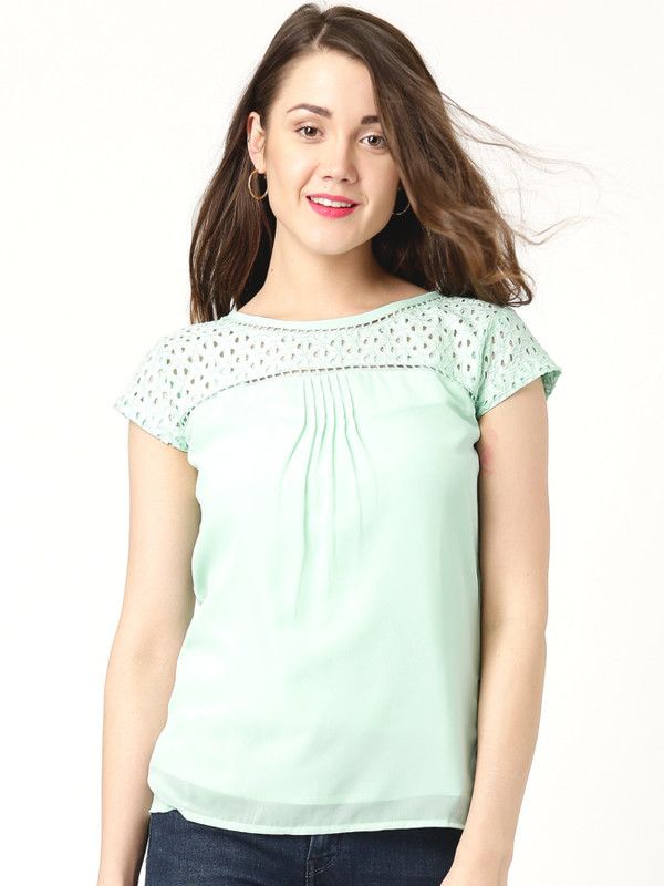 Casual Cap Sleeves Solid Women Light Green Top