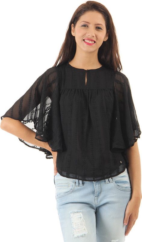 Casual Batwing Sleeves Self Design Women Black Top