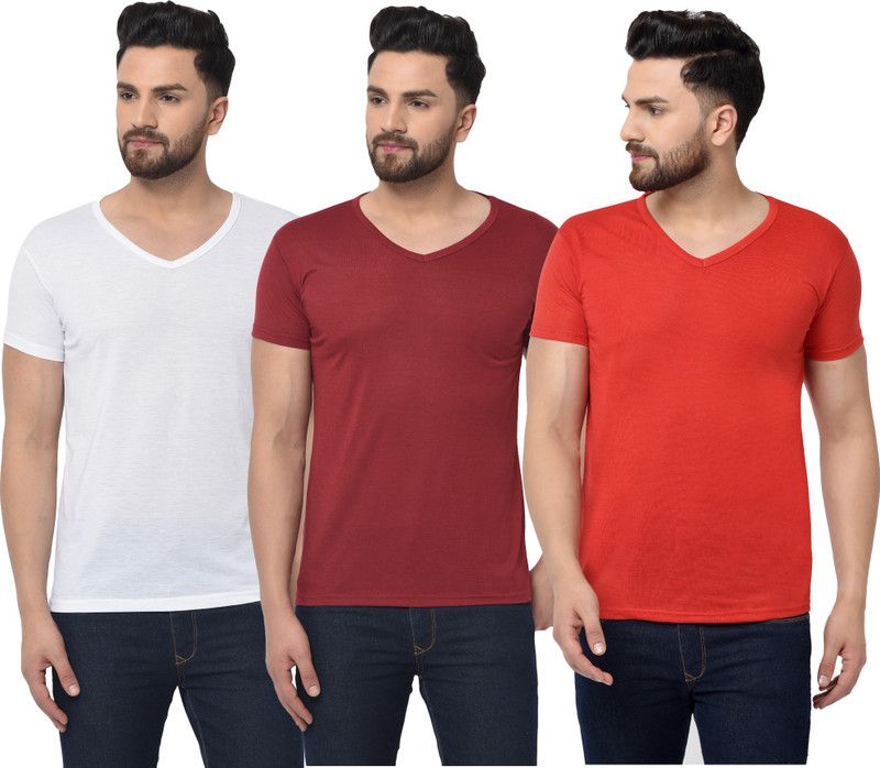 Pack of 3 Men Solid V Neck Cotton Blend Red, White, Maroon T-Shirt