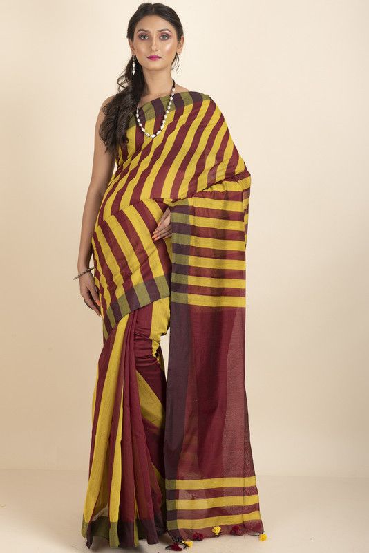 Striped Handloom Cotton Silk Saree  (Yellow)