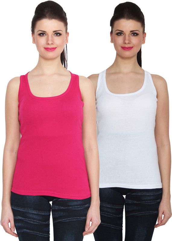 Pack of 2 Sports Sleeveless Solid Women White, Pink Top