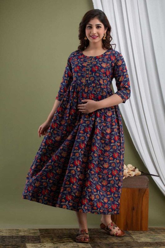 Women Printed Cotton Blend Ethnic Dress  (Blue)