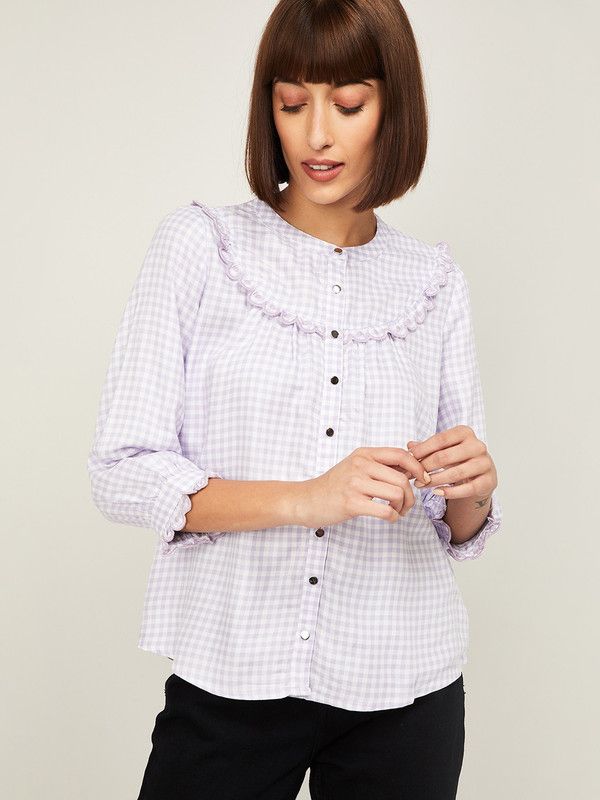 Casual Cuffed Sleeves Checkered Women Purple Top