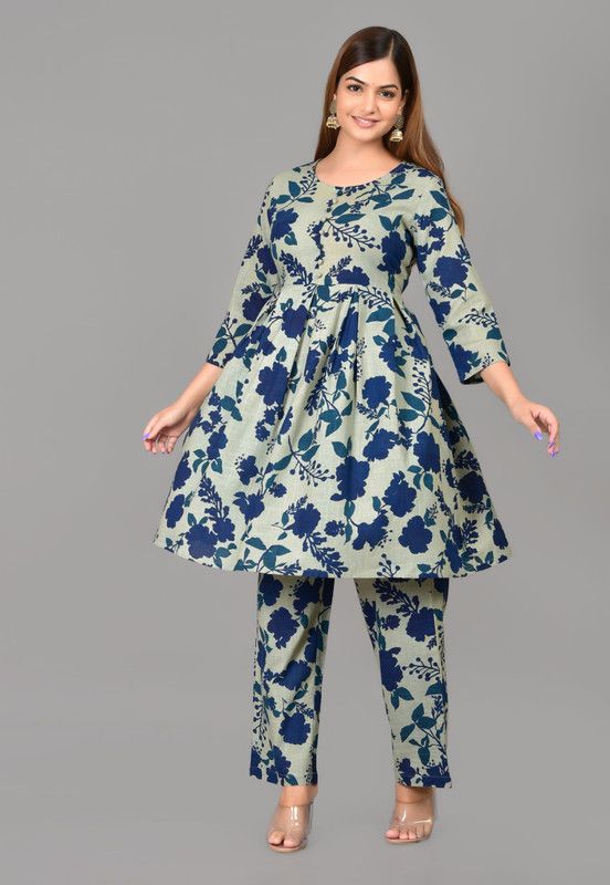 Pack of 2 Women Floral Print Cotton Blend Flared Kurta  (Grey)
