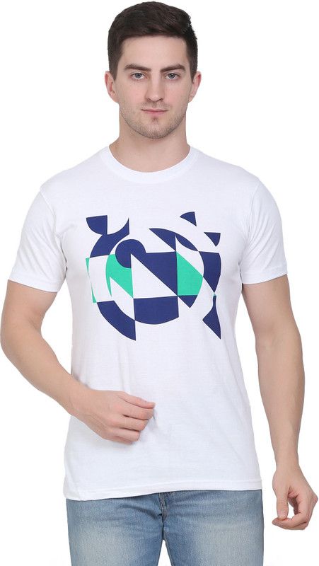 Abstract Art White T Shirt Men Printed Round Neck Pure Cotton White T-Shirt