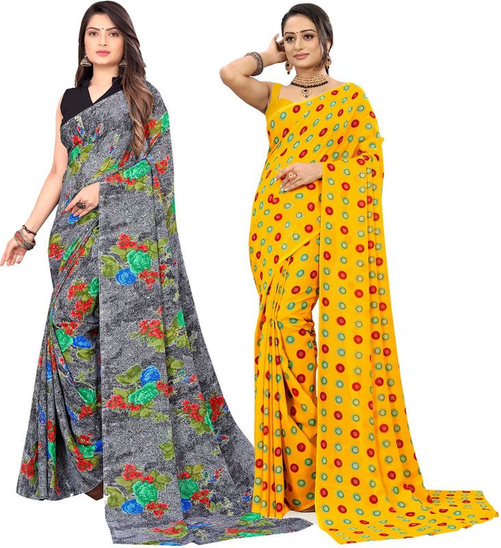 Floral Print, Paisley, Geometric Print Daily Wear Georgette Saree  (Pack of 2, Grey, Green, Blue, Multicolor)