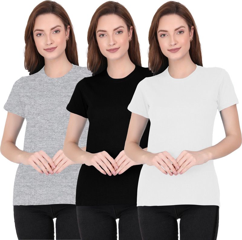 Pack of 3 Women Solid Round Neck Cotton Blend White, Black, Grey T-Shirt