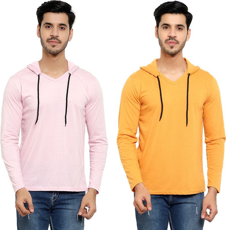 Pack of 2 HMT Men Solid Hooded Neck Cotton Blend Gold, Pink T-Shirt