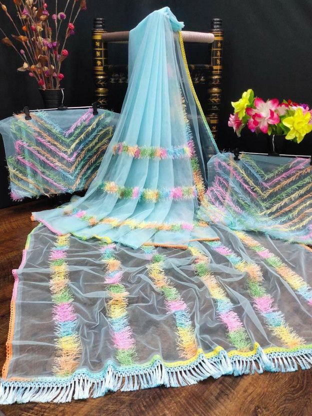 Printed, Embroidered Bollywood Net Saree  (Light Blue)
