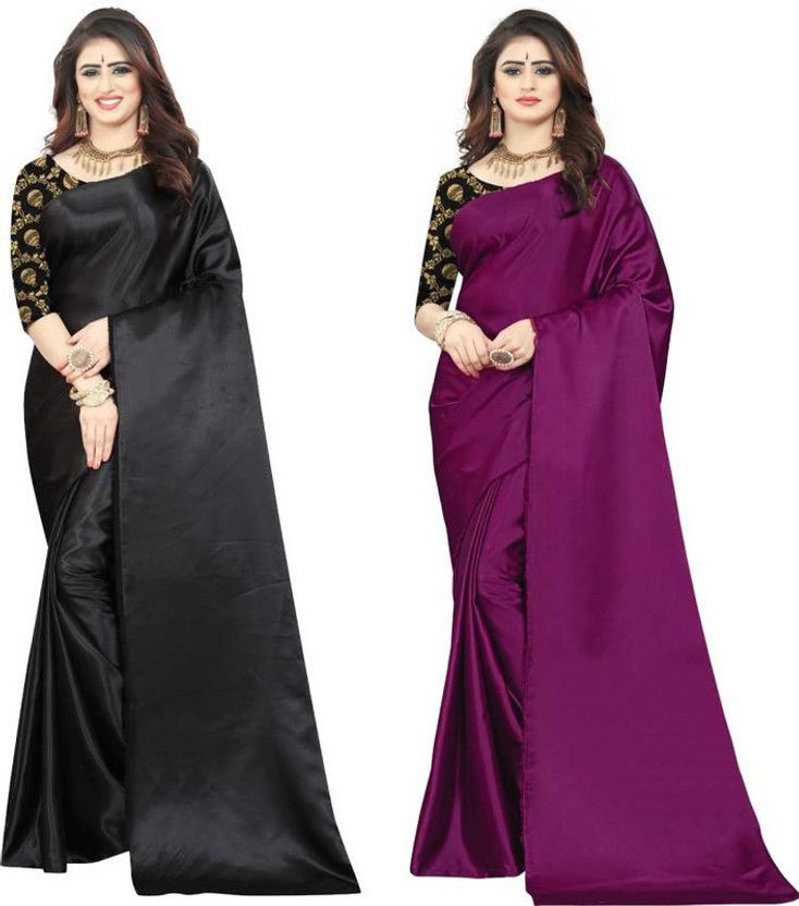 Solid/Plain Bollywood Satin Saree  (Pack of 2, Purple, Black)