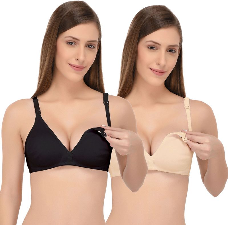 Pack of 2 Women Maternity/Nursing Non Padded Bra  (Black, Beige)