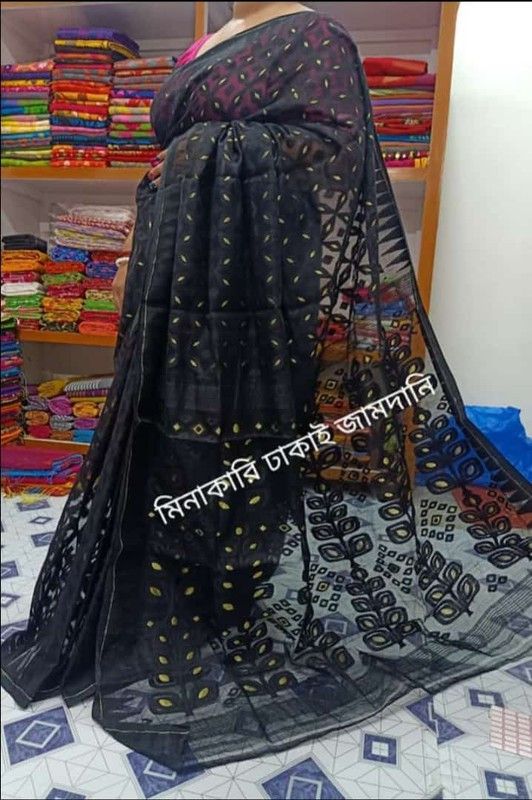 Printed Chanderi Cotton Silk Saree  (Black)