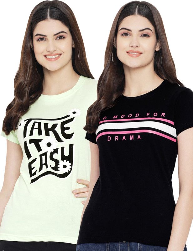 Pack of 2 Women Typography Round Neck Pure Cotton Black, Light Green T-Shirt