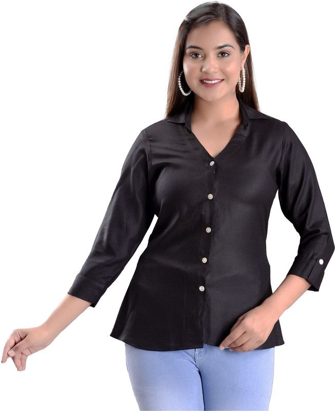 Women Regular Fit Solid Double Collar Casual Shirt