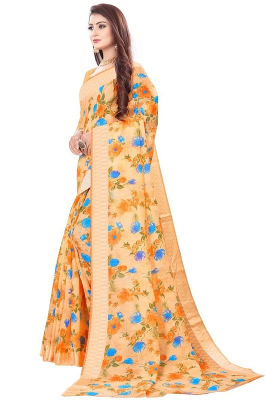 Floral Print Bollywood Linen Saree  (Orange)