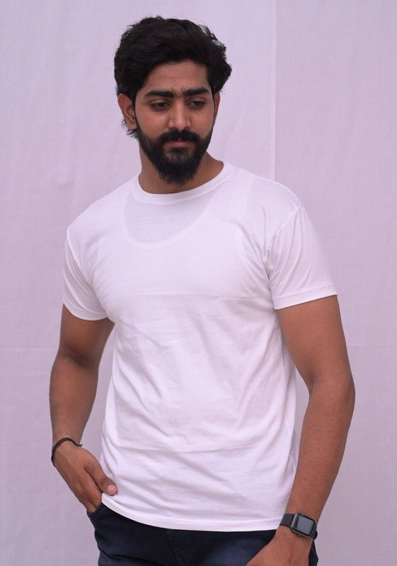 Man's Polycotton Round NecK T-shirt Men Solid Round Neck Poly Cotton White T-Shirt