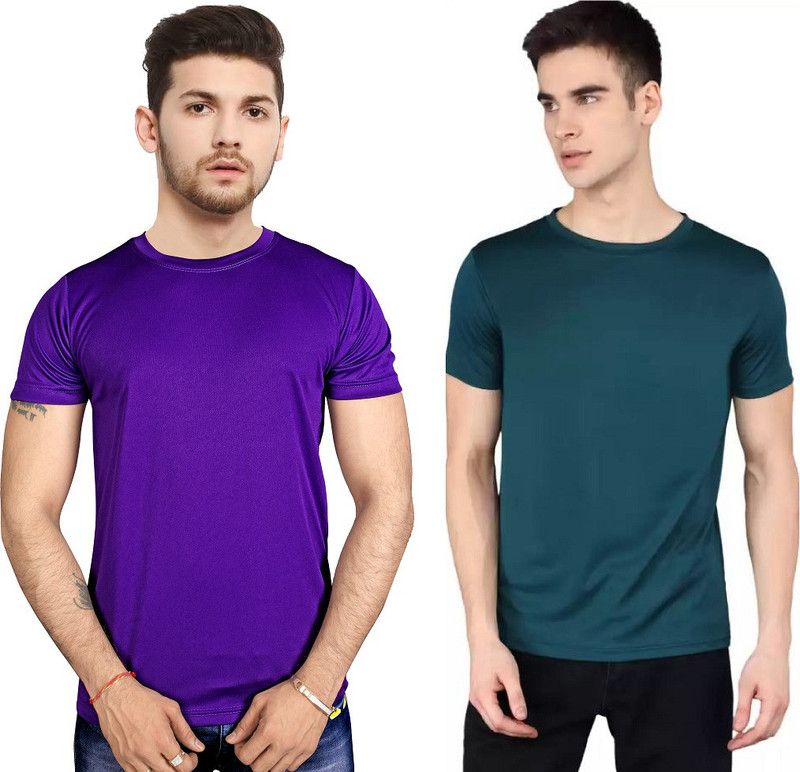 Pack of 2 Men Solid Round Neck Elastane Green, Blue T-Shirt